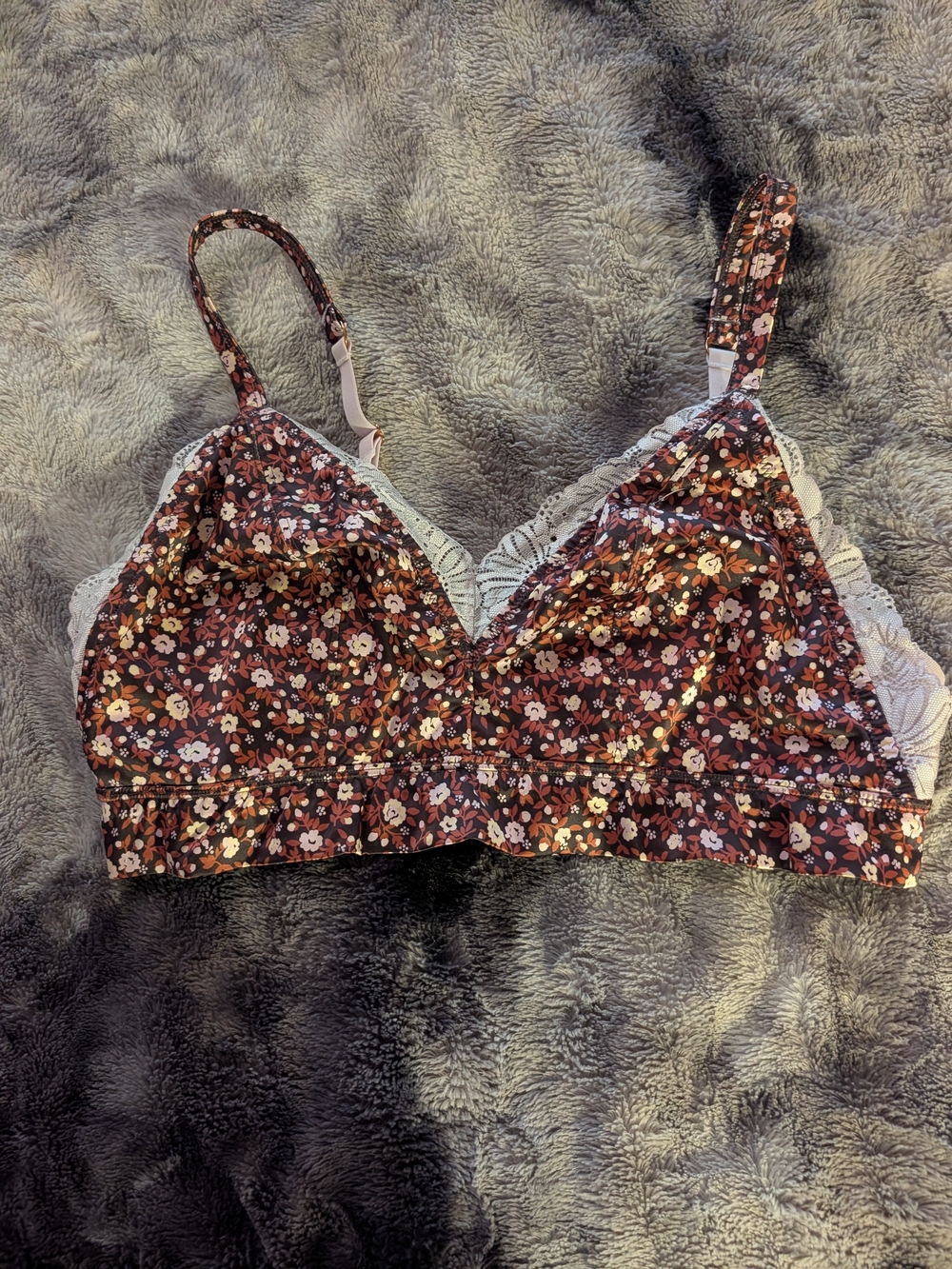 Brown Floral Silky And Lace Bra XL